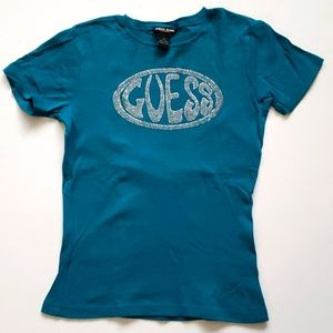Guess Teal Blue Short Sleeve Logo Tee with Rhinestones